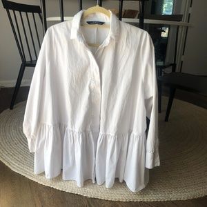ZARA White Cotton Button-Down with Ruffled Hem